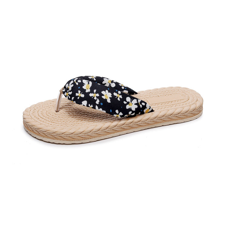 Factory Wholesale Summer New Imitation Straw Women's Casual Flip-flops Flowers Korean Tide Beach Sandals