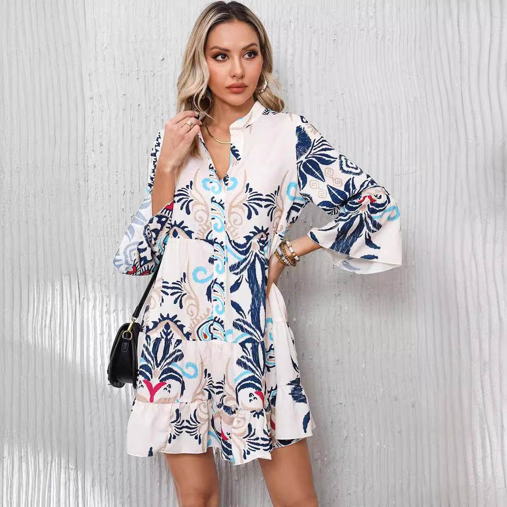 Summer Bell Sleeve Casual Women's Loose Printed Mid-length Stand Collar Shirt