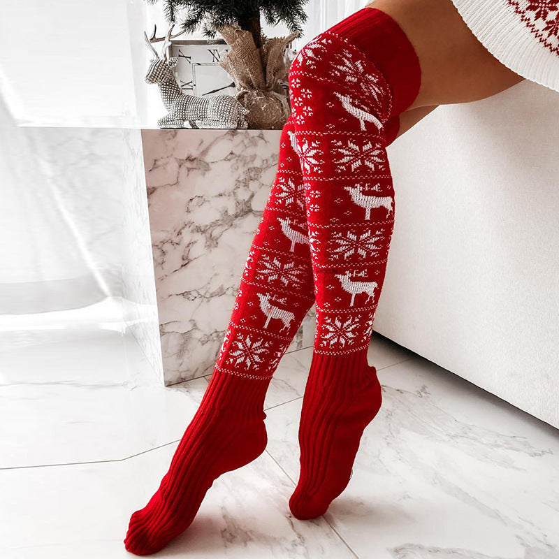 Christmas Knitted Wool Stockings For Women Elk Snowflake Jacquard Knee-high Pile Socks Floor Stockings