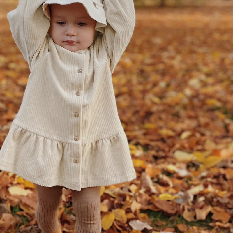 Autumn New Children's Long-sleeved Corduroy Dress Round Neck Front Open Cuff Elastic Hem Pleated Girls' Skirt