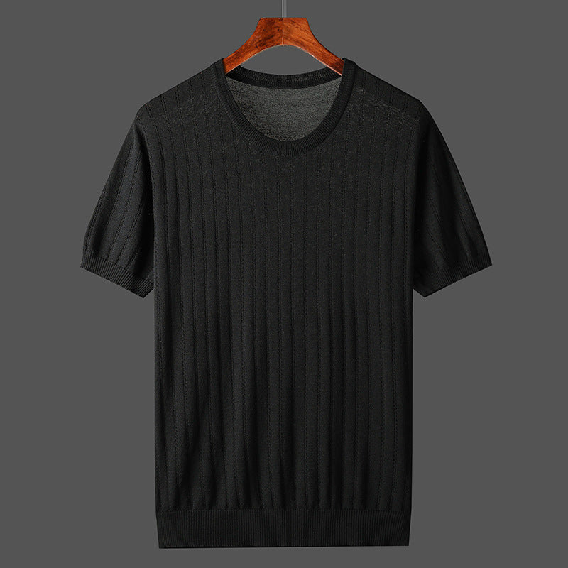 New Summer Hollow Ice Silk Knitted Men's Short Sleeve T-shirt Thin Plus Size Trendy Breathable Round Neck Half Sleeve