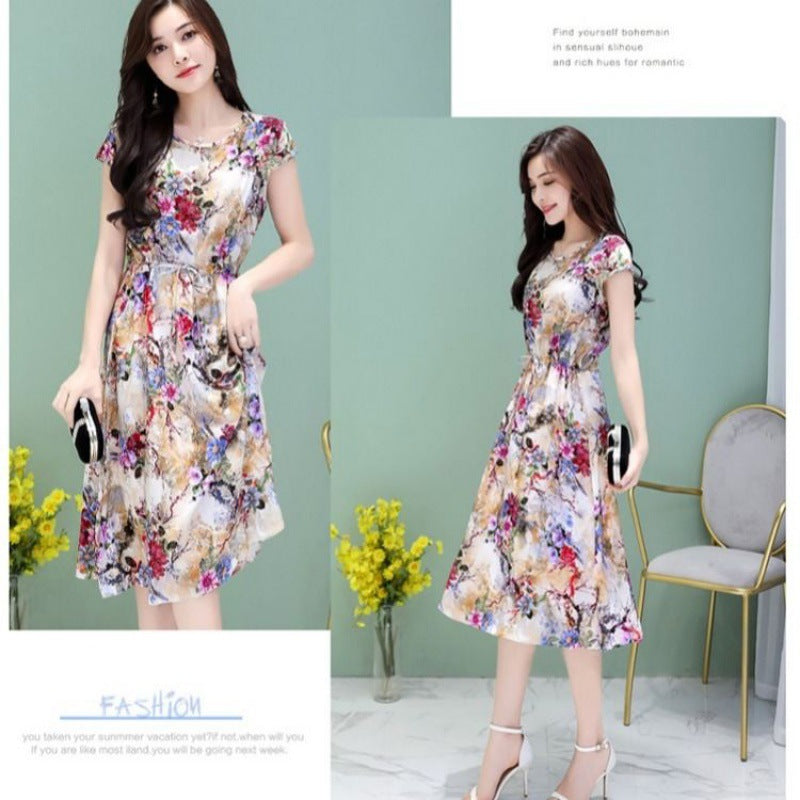 Middle-aged And Elderly Women's Dress 40-50 Year Old Middle-aged Mother's Short Sleeve Plus Size Slim Floral Skirt