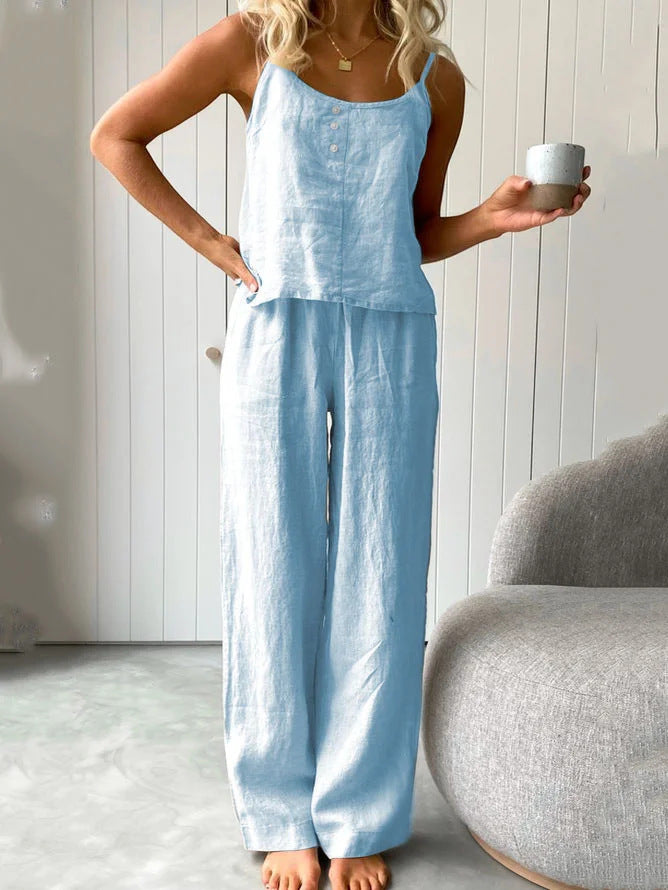 Thin Pajamas Sleeveless Sling Trousers Suit Loose Fashionable Outer Wear Cotton And Linen Home Clothes For Women