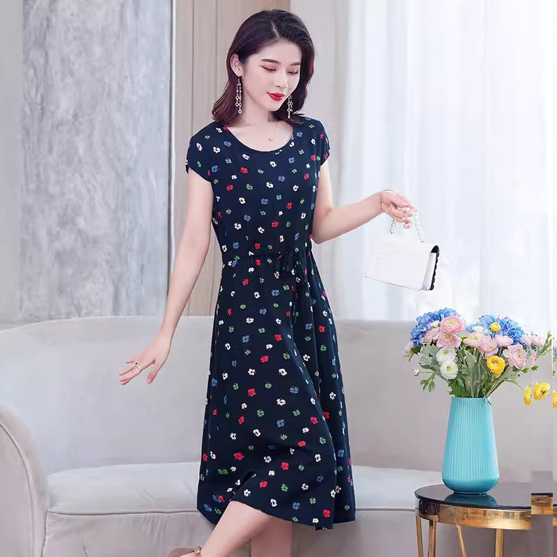 Middle-aged And Elderly Women's Dress 40-50 Year Old Middle-aged Mother's Short Sleeve Plus Size Slim Floral Skirt