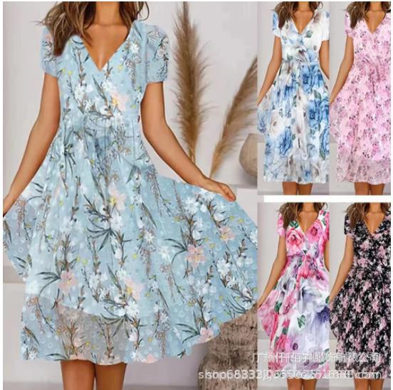 Elegant Commuter Slimming V-neck Short-sleeved Printed Waist Dress