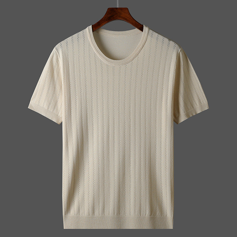 New Summer Hollow Ice Silk Knitted Men's Short Sleeve T-shirt Thin Plus Size Trendy Breathable Round Neck Half Sleeve