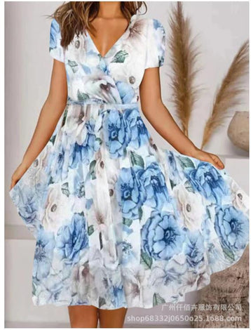 Elegant Commuter Slimming V-neck Short-sleeved Printed Waist Dress