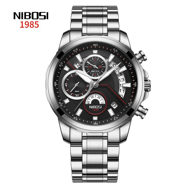 Men's Watch Solid Steel Band Left 3-eye Six-pin Multifunctional Quartz Watch Luminous Waterproof