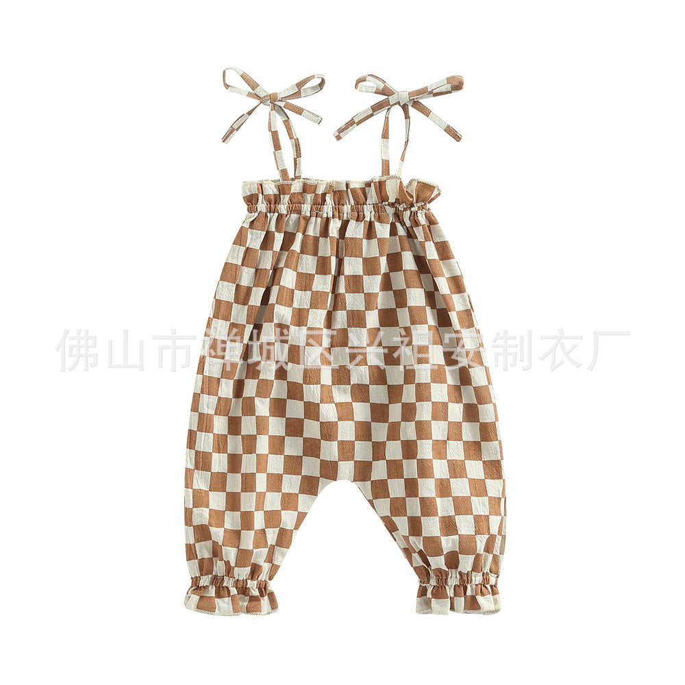 Summer New Children's Cotton And Linen Chessboard Sling Jumpsuit