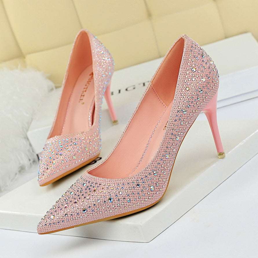 9219-A22 Korean Fashion Wedding Shoes High Heels Stiletto Heel High Heel Shallow Mouth Pointed Sexy Banquet Rhinestone Shoes