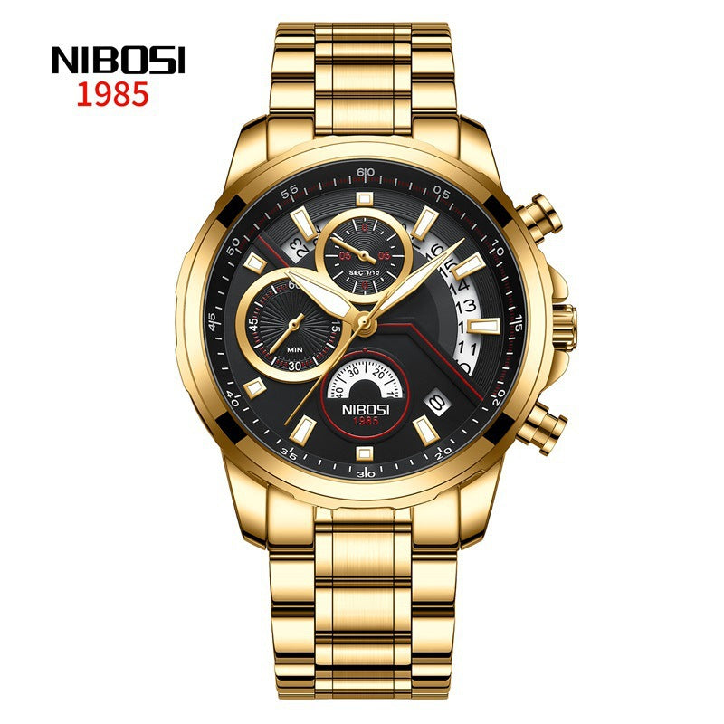 Men's Watch Solid Steel Band Left 3-eye Six-pin Multifunctional Quartz Watch Luminous Waterproof