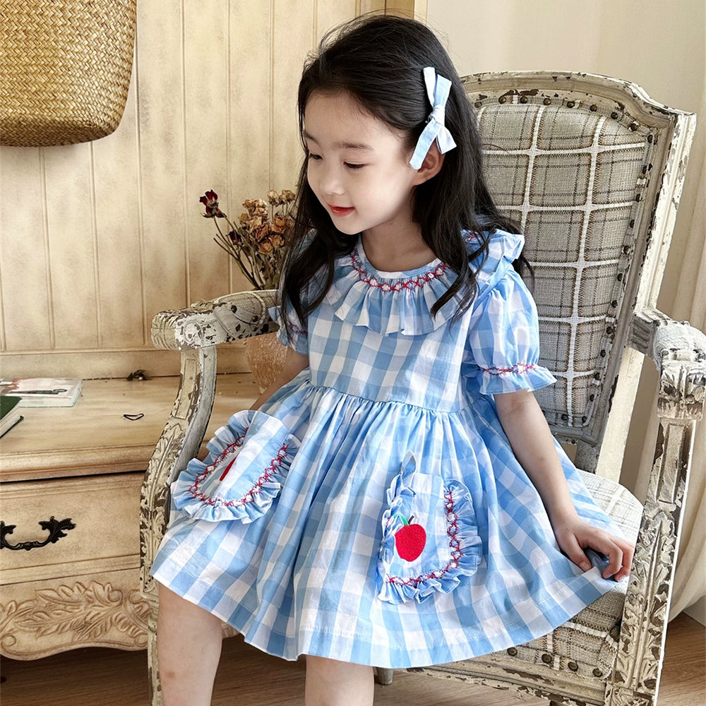 Retro Handmade Blue Check Summer Girls Short Sleeve Dress Suit