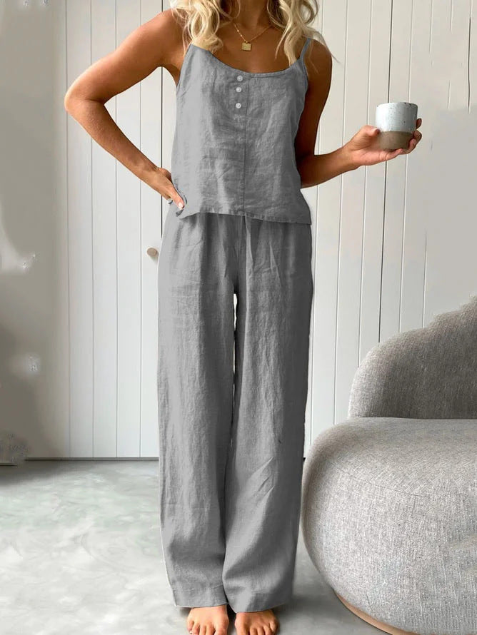 Thin Pajamas Sleeveless Sling Trousers Suit Loose Fashionable Outer Wear Cotton And Linen Home Clothes For Women