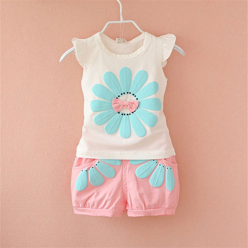 Korean Style Children's Wear Summer Wear Girl's Summer Cartoon Flower Vest Set Baby Girl's Shorts Two-Piece Fashionable Set For 0-4 Years Old