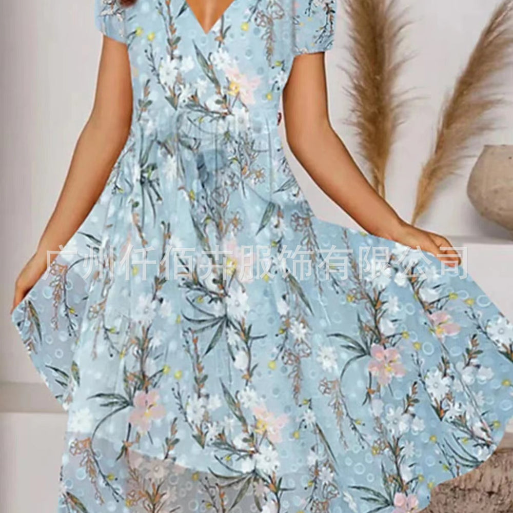 Elegant Commuter Slimming V-neck Short-sleeved Printed Waist Dress