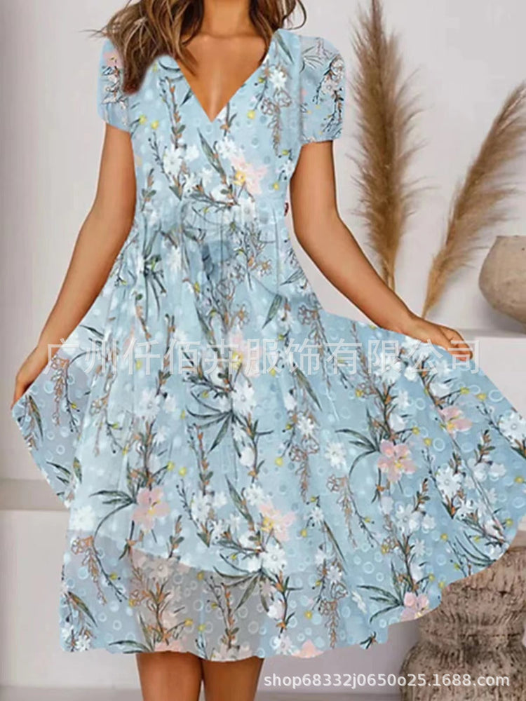 Elegant Commuter Slimming V-neck Short-sleeved Printed Waist Dress