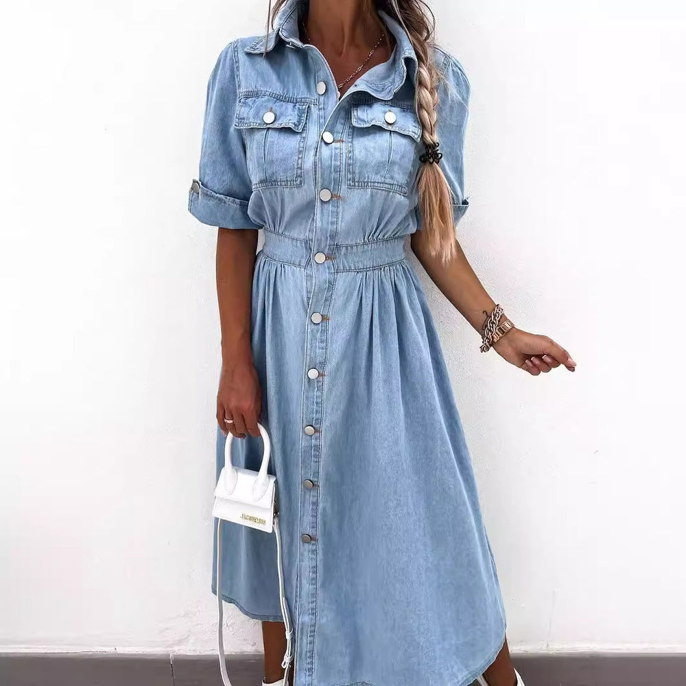 Cross-border TEMU Russian Foreign Trade Amazon 2024 Summer Women's New Button Shirt Short Sleeve Denim Dress