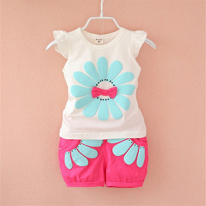 Korean Style Children's Wear Summer Wear Girl's Summer Cartoon Flower Vest Set Baby Girl's Shorts Two-Piece Fashionable Set For 0-4 Years Old