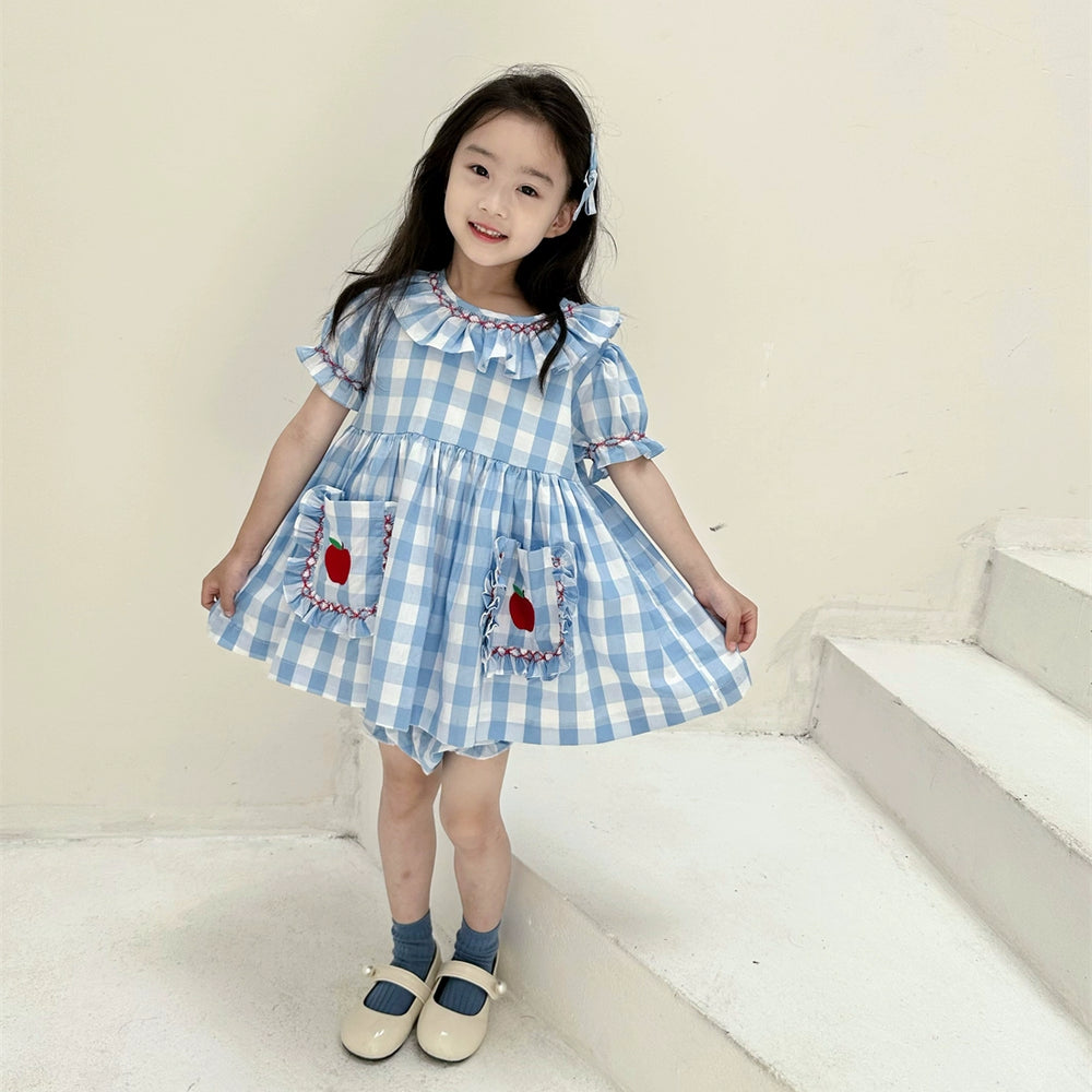 Retro Handmade Blue Check Summer Girls Short Sleeve Dress Suit