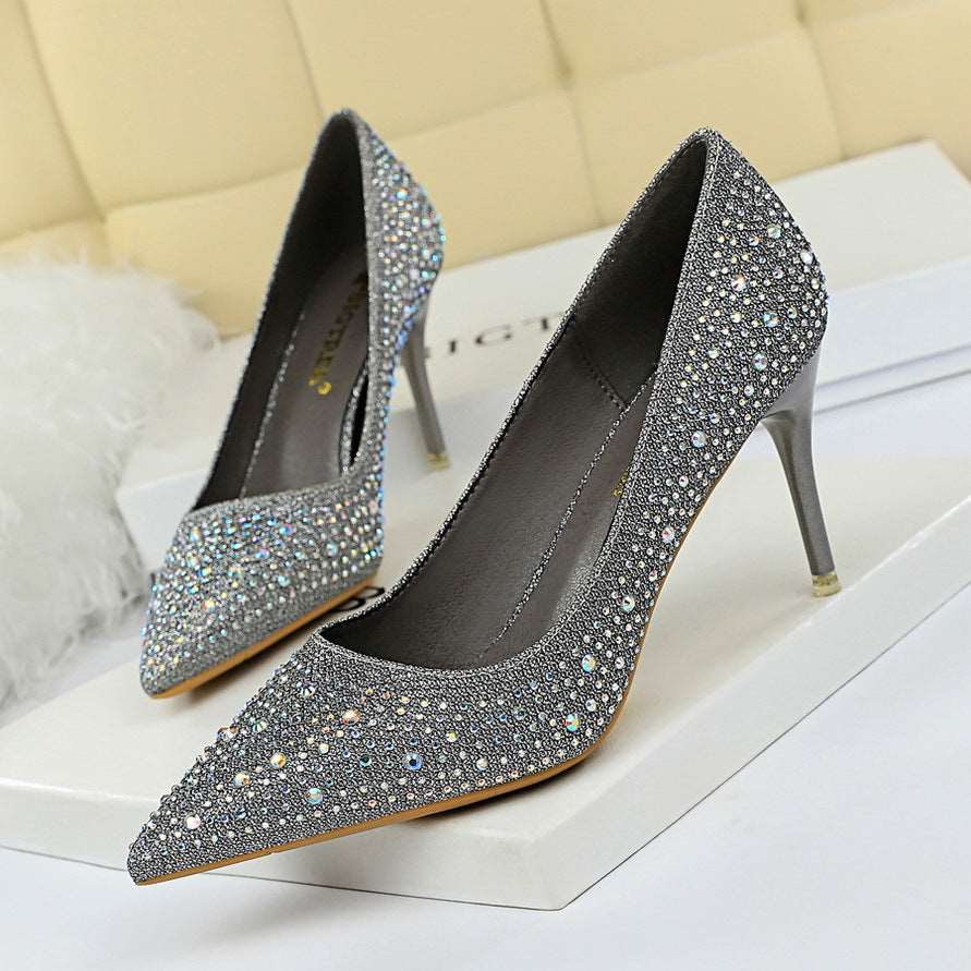 9219-A22 Korean Fashion Wedding Shoes High Heels Stiletto Heel High Heel Shallow Mouth Pointed Sexy Banquet Rhinestone Shoes