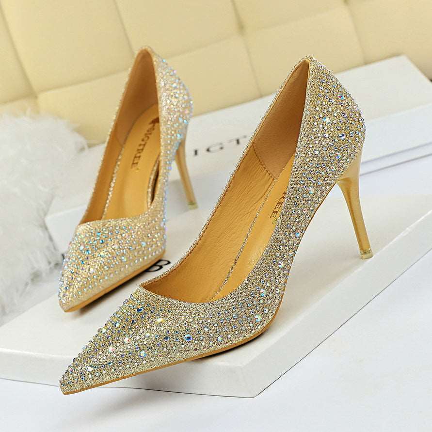 9219-A22 Korean Fashion Wedding Shoes High Heels Stiletto Heel High Heel Shallow Mouth Pointed Sexy Banquet Rhinestone Shoes