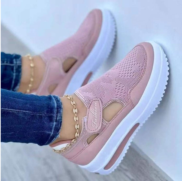 Summer Foreign Trade Large Size Fly-woven Breathable Casual Single-layer Shoes Wedge Heel Thick-soled Hollow Velcro Round Toe Low-top Women's Single-layer Shoes