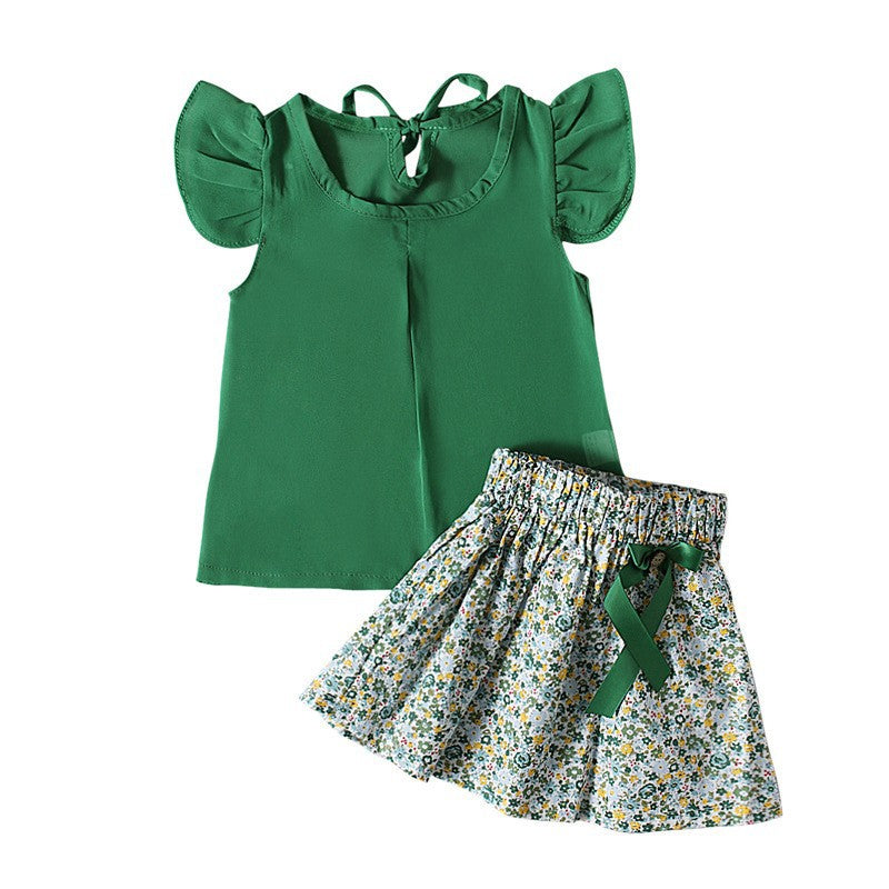 Children's European And American Summer Girls Small Fly Sleeve Top + Bow Floral Skirt Two-piece Children's Clothing Ins