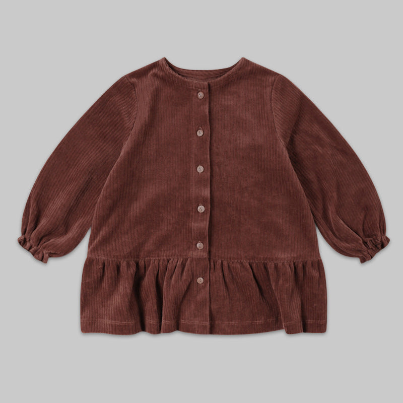 Autumn New Children's Long-sleeved Corduroy Dress Round Neck Front Open Cuff Elastic Hem Pleated Girls' Skirt