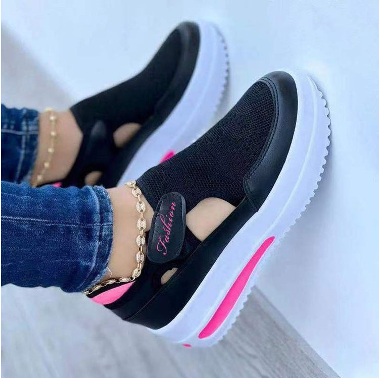 Summer Foreign Trade Large Size Fly-woven Breathable Casual Single-layer Shoes Wedge Heel Thick-soled Hollow Velcro Round Toe Low-top Women's Single-layer Shoes