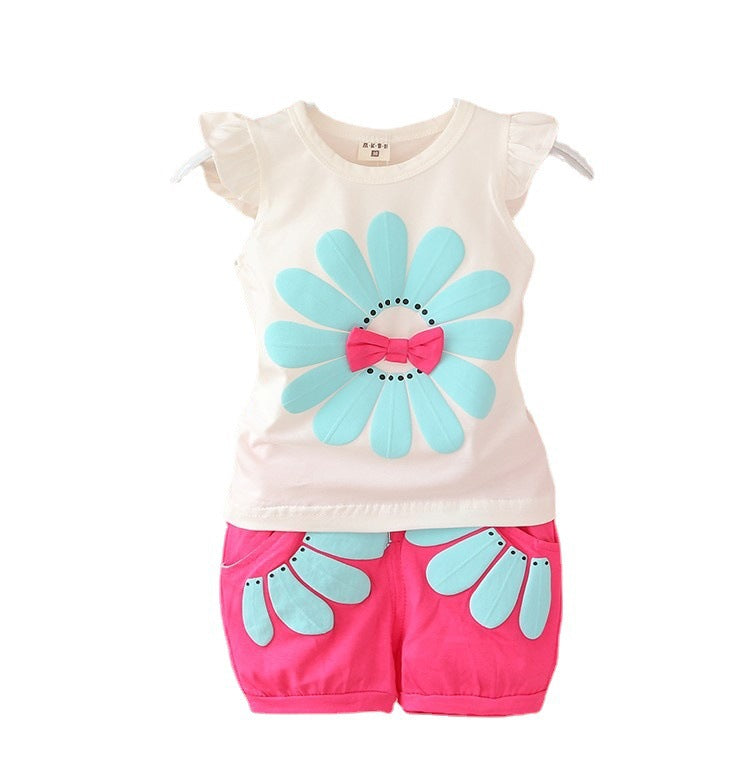 Korean Style Children's Wear Summer Wear Girl's Summer Cartoon Flower Vest Set Baby Girl's Shorts Two-Piece Fashionable Set For 0-4 Years Old