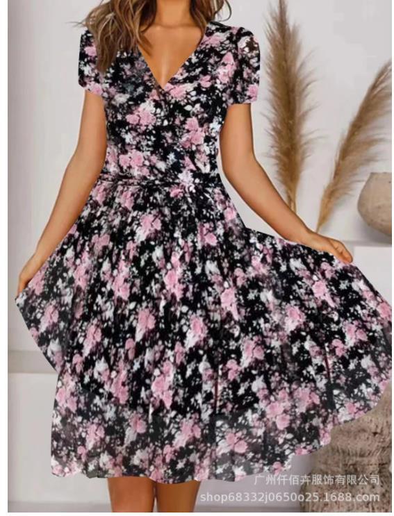 Elegant Commuter Slimming V-neck Short-sleeved Printed Waist Dress