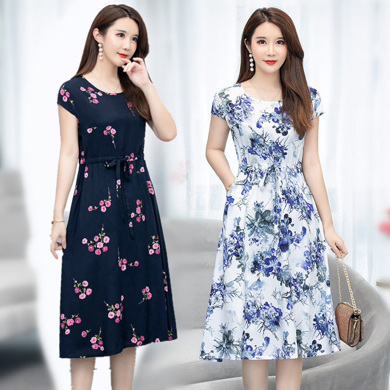 Middle-aged And Elderly Women's Dress 40-50 Year Old Middle-aged Mother's Short Sleeve Plus Size Slim Floral Skirt