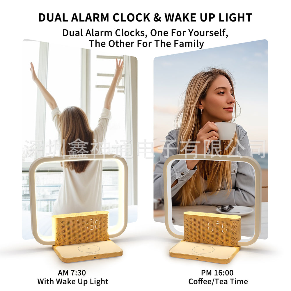 New Bedside Lamp Double Alarm Clock 10W Wireless Charging Natural Sound Wake-up Light Three-gear Touch Night Light Reading Eye Protection