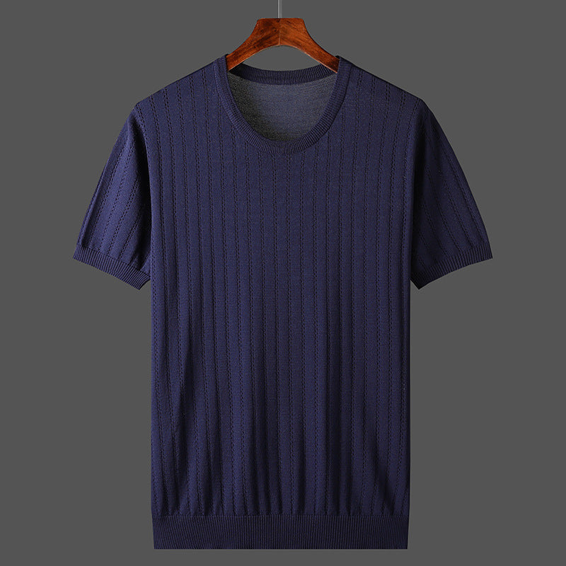 New Summer Hollow Ice Silk Knitted Men's Short Sleeve T-shirt Thin Plus Size Trendy Breathable Round Neck Half Sleeve