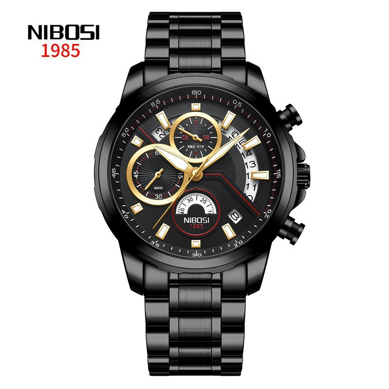 Men's Watch Solid Steel Band Left 3-eye Six-pin Multifunctional Quartz Watch Luminous Waterproof