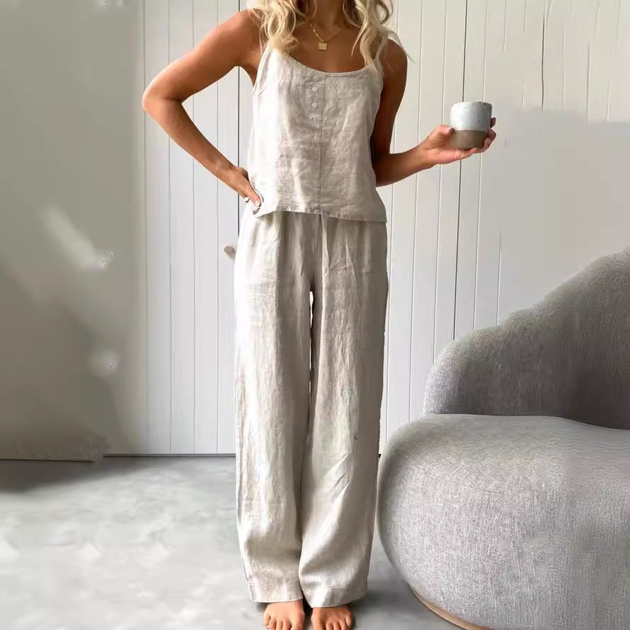 Thin Pajamas Sleeveless Sling Trousers Suit Loose Fashionable Outer Wear Cotton And Linen Home Clothes For Women