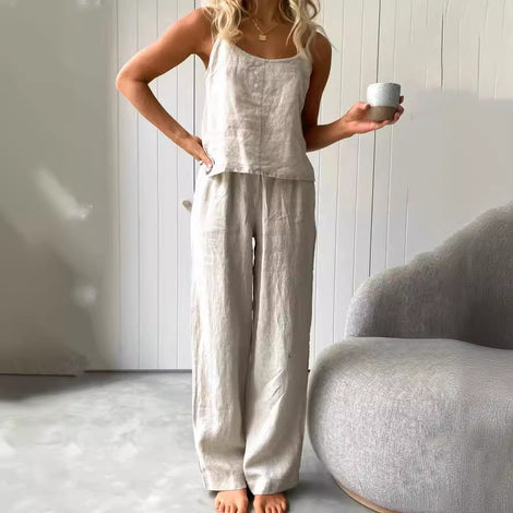 Thin Pajamas Sleeveless Sling Trousers Suit Loose Fashionable Outer Wear Cotton And Linen Home Clothes For Women