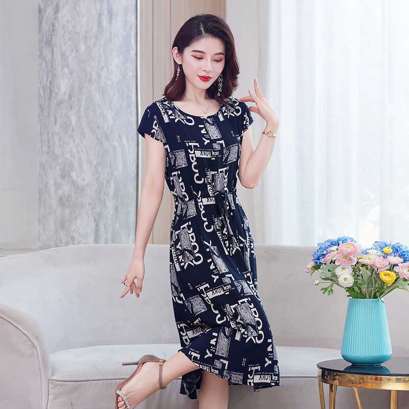 Middle-aged And Elderly Women's Dress 40-50 Year Old Middle-aged Mother's Short Sleeve Plus Size Slim Floral Skirt