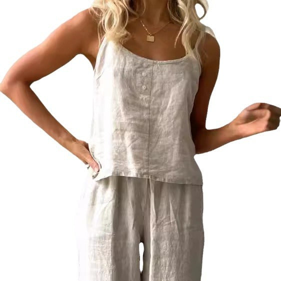 Thin Pajamas Sleeveless Sling Trousers Suit Loose Fashionable Outer Wear Cotton And Linen Home Clothes For Women