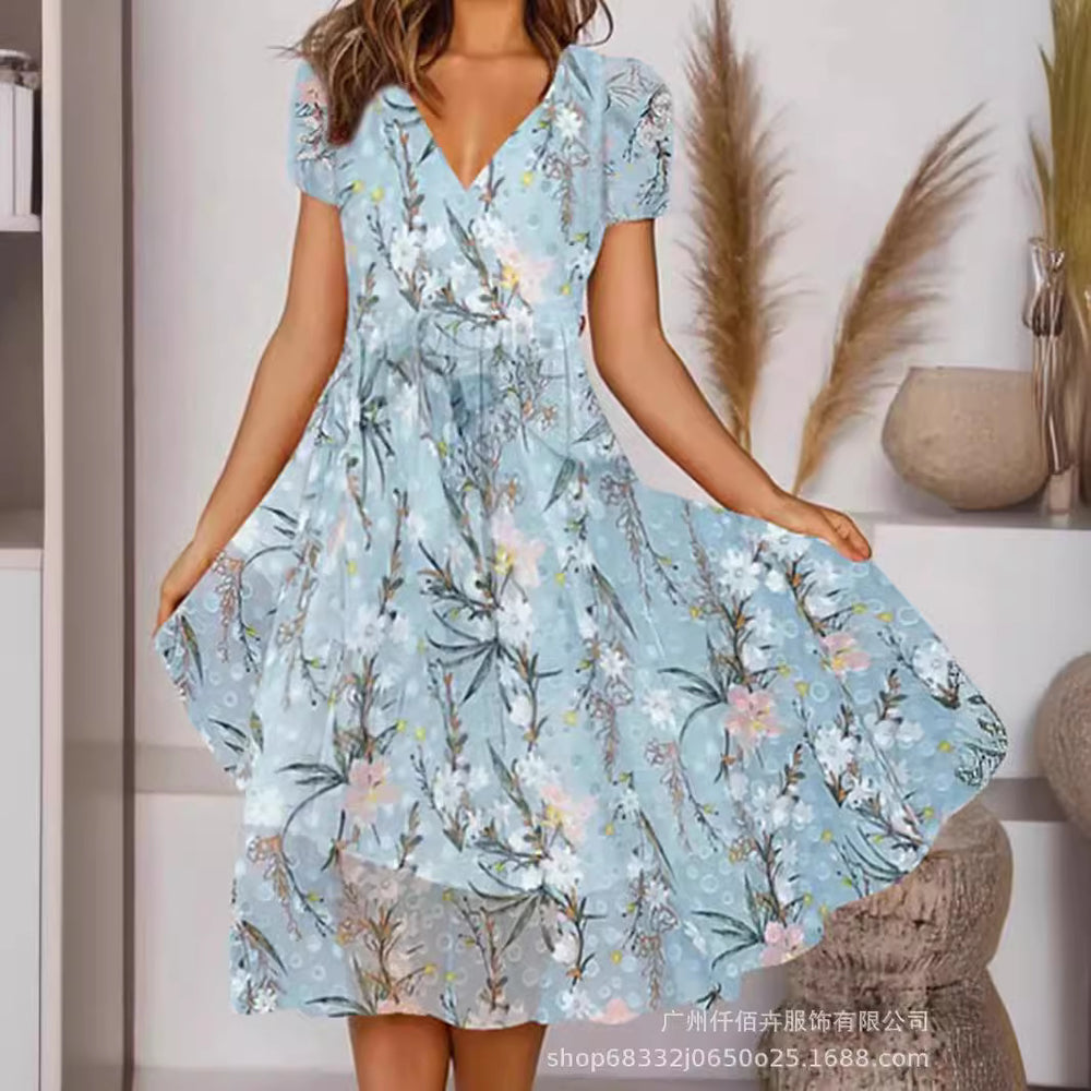 Elegant Commuter Slimming V-neck Short-sleeved Printed Waist Dress