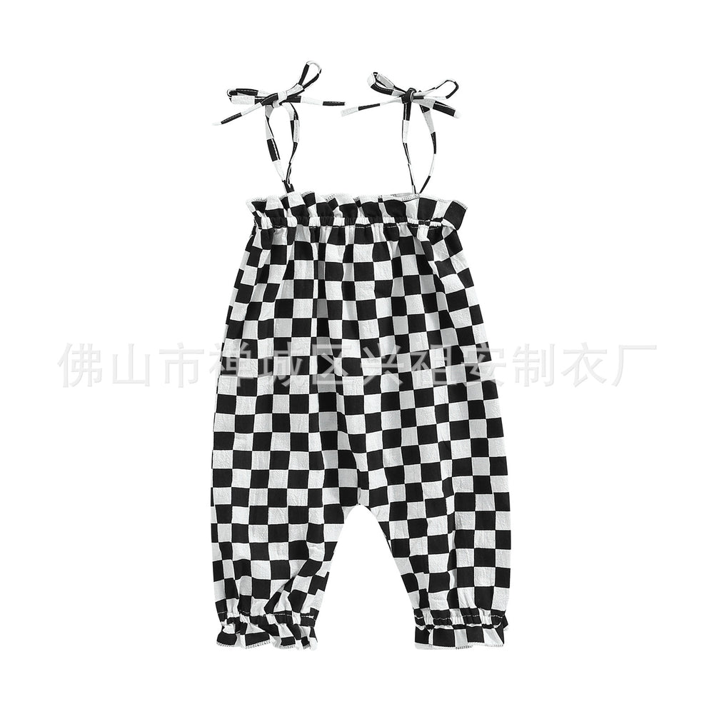 Summer New Children's Cotton And Linen Chessboard Sling Jumpsuit