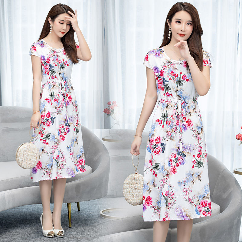 Middle-aged And Elderly Women's Dress 40-50 Year Old Middle-aged Mother's Short Sleeve Plus Size Slim Floral Skirt