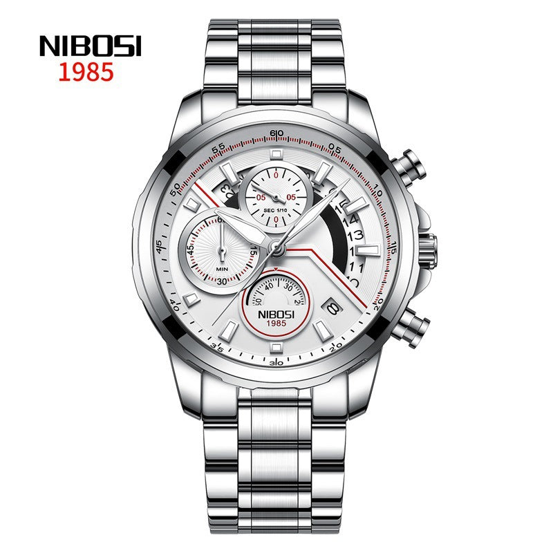 Men's Watch Solid Steel Band Left 3-eye Six-pin Multifunctional Quartz Watch Luminous Waterproof