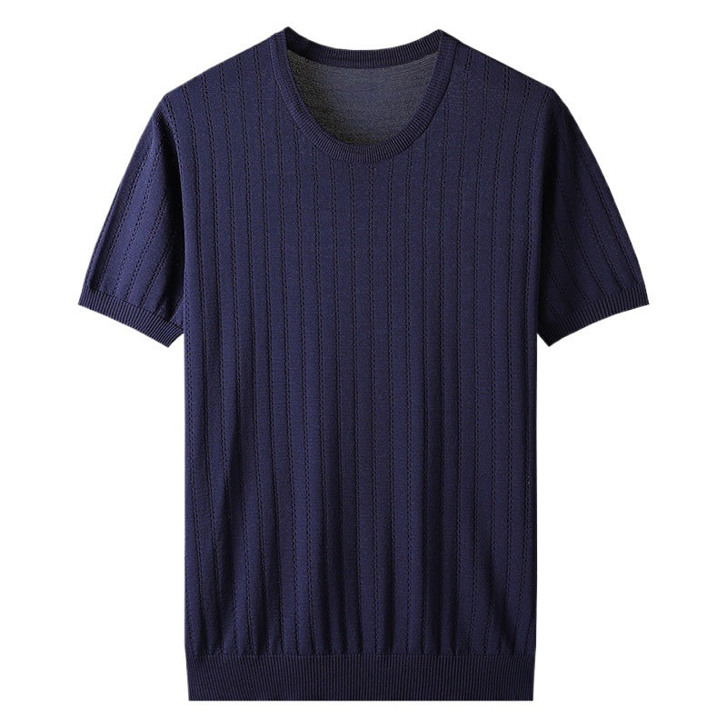 New Summer Hollow Ice Silk Knitted Men's Short Sleeve T-shirt Thin Plus Size Trendy Breathable Round Neck Half Sleeve