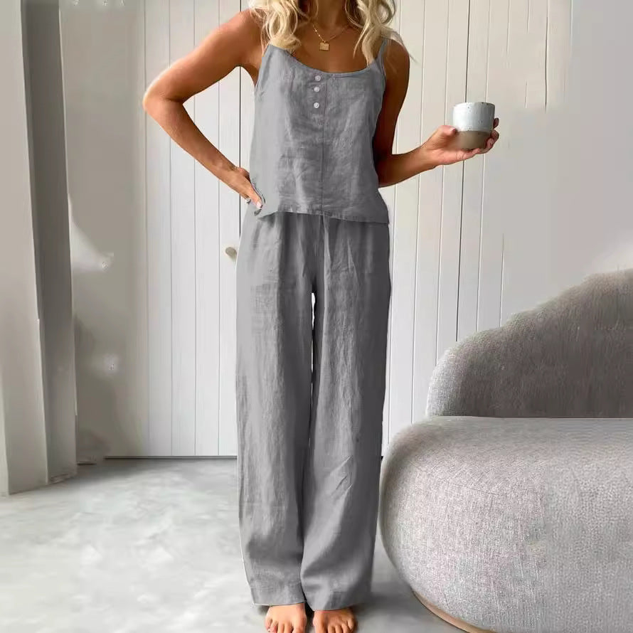 Thin Pajamas Sleeveless Sling Trousers Suit Loose Fashionable Outer Wear Cotton And Linen Home Clothes For Women