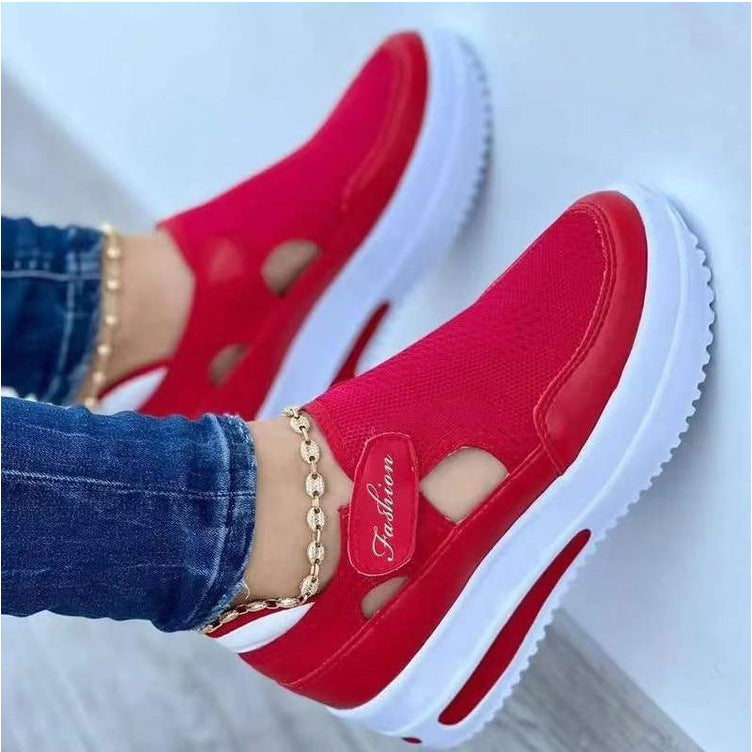 Summer Foreign Trade Large Size Fly-woven Breathable Casual Single-layer Shoes Wedge Heel Thick-soled Hollow Velcro Round Toe Low-top Women's Single-layer Shoes