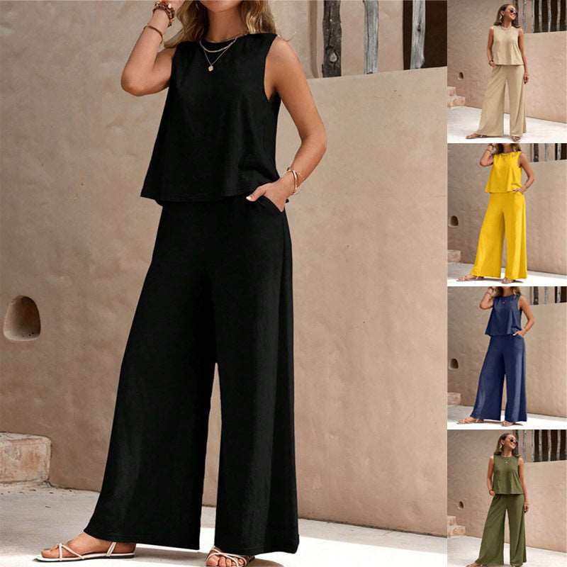 2024 Summer New Two-piece Women's European And American Fashion All-match Loose Pullover Round Neck Casual Suit Women