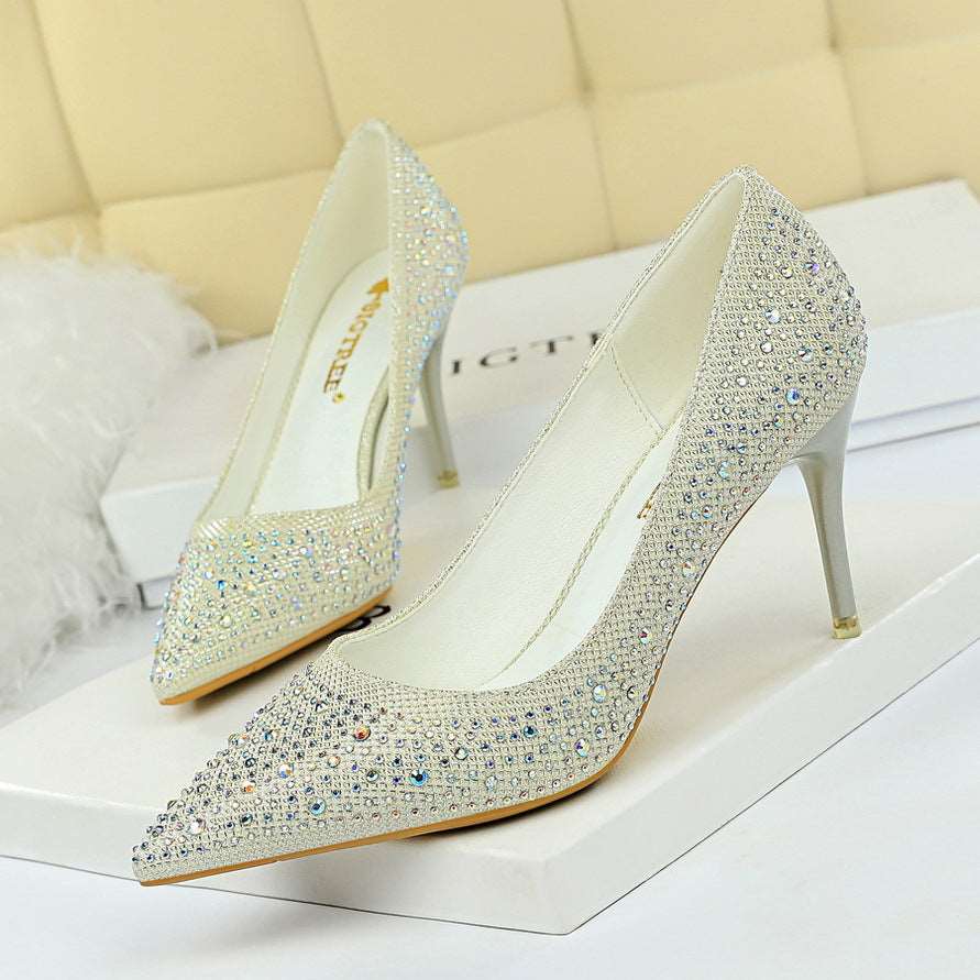 9219-A22 Korean Fashion Wedding Shoes High Heels Stiletto Heel High Heel Shallow Mouth Pointed Sexy Banquet Rhinestone Shoes