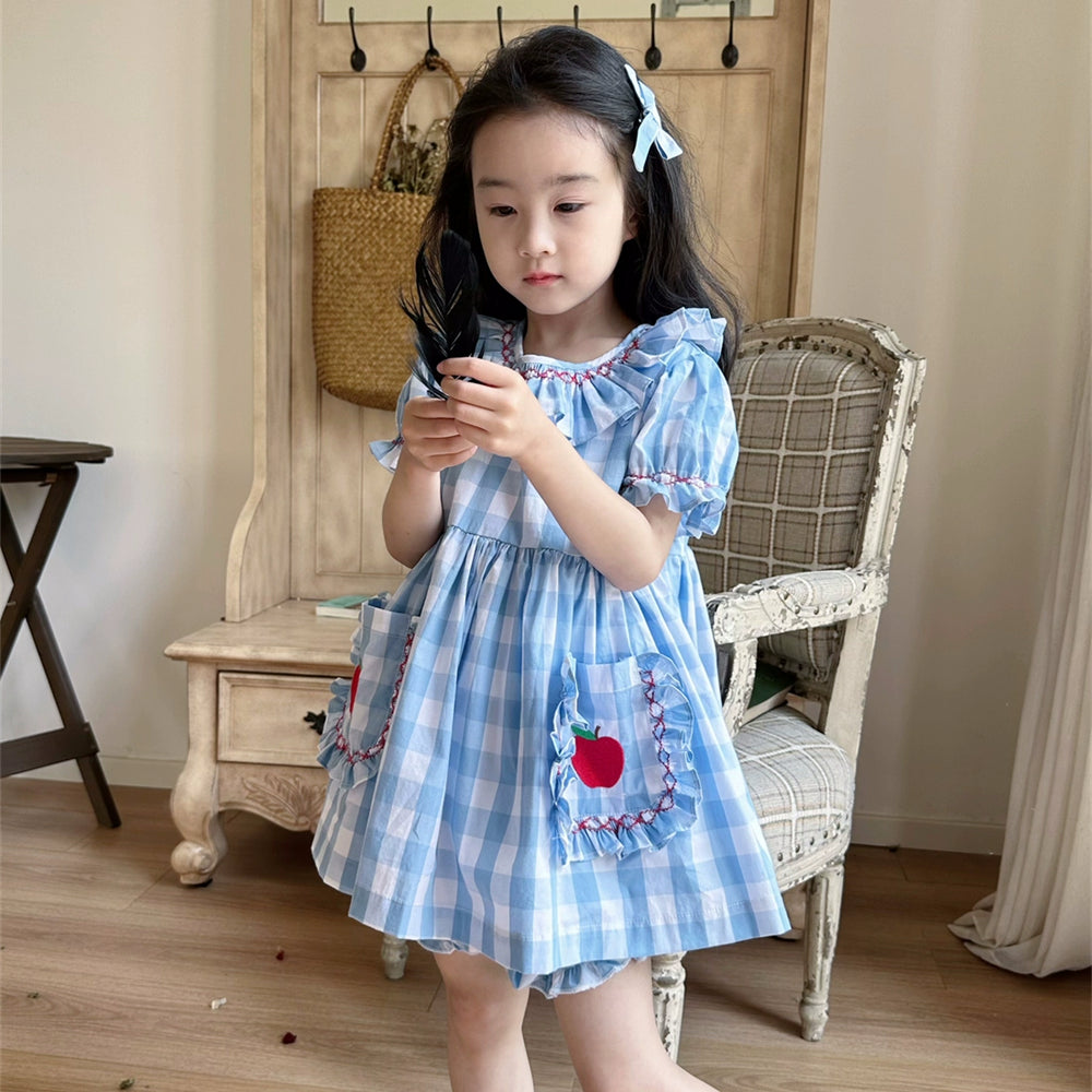 Retro Handmade Blue Check Summer Girls Short Sleeve Dress Suit