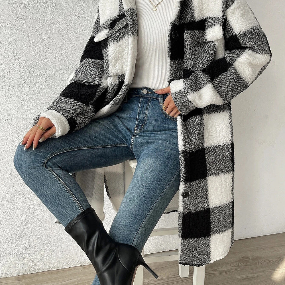 Cross-border Amazon European And American Autumn And Winter Open Button Lapel Plush Plaid Coat Loose Temperament Commuter Long Coat For Women